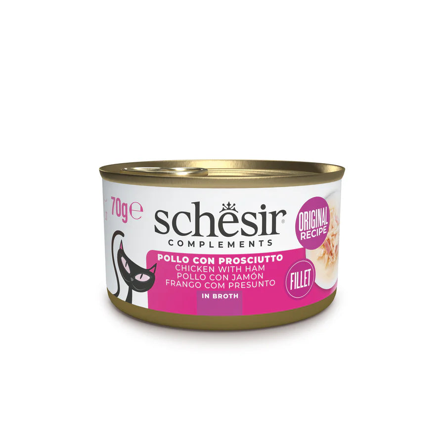 Schesir Pollo con Prosciutto in Brodo 70g Lattina Schesir Pollo con Prosciutto in Brodo 70g Lattina